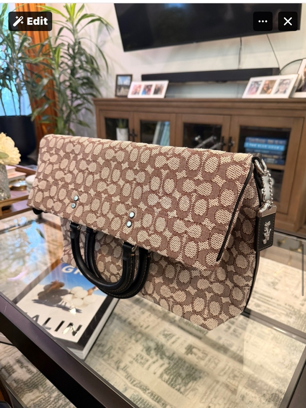 Coach Fold-Over Tote in Signature Beige/Brown with Black Handles